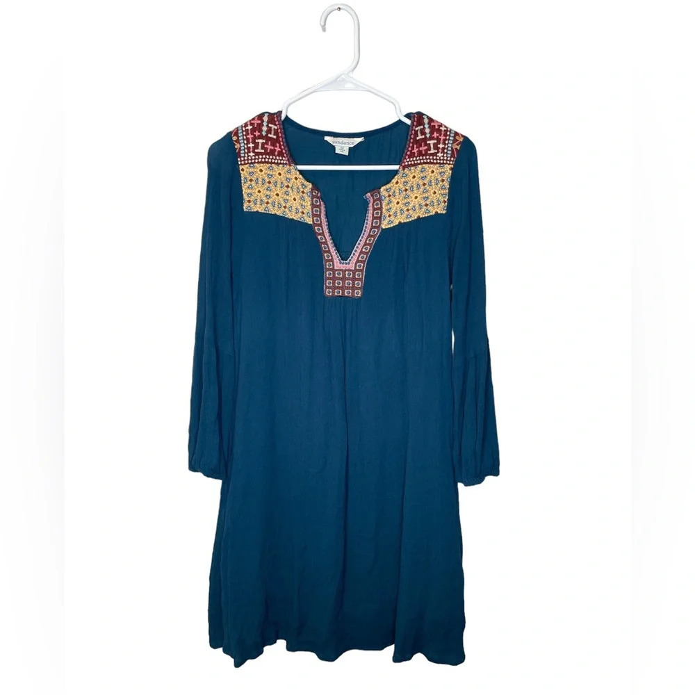 Sundance Boho Tunic Dress Teal Embroidered With Pockets Size XS